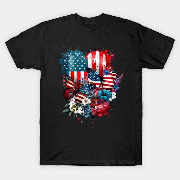 America Patriotic Stars Butterflies and Hearts T-Shirt by Joaddo